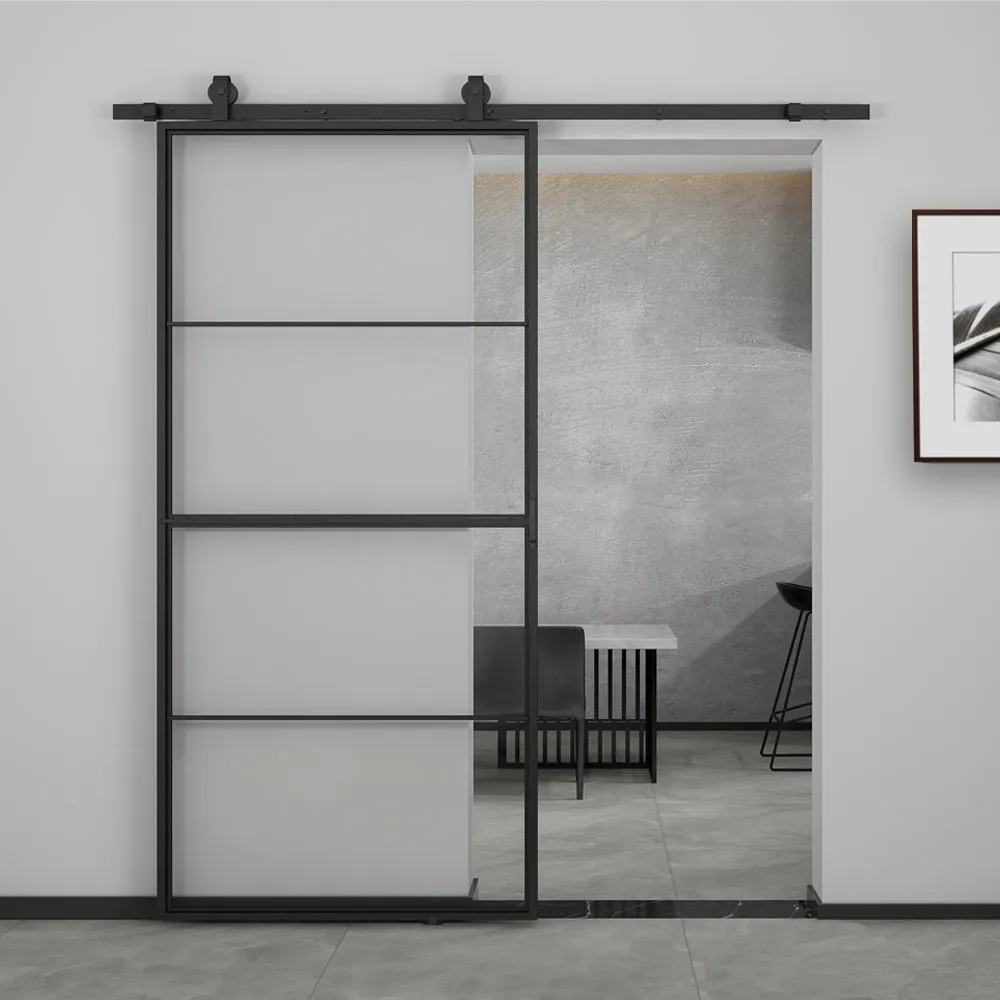84 in. x 36 in. 4-Lite Tempered Glass Barn Door Steel Frame Sliding Hardware Kit and Door Handle