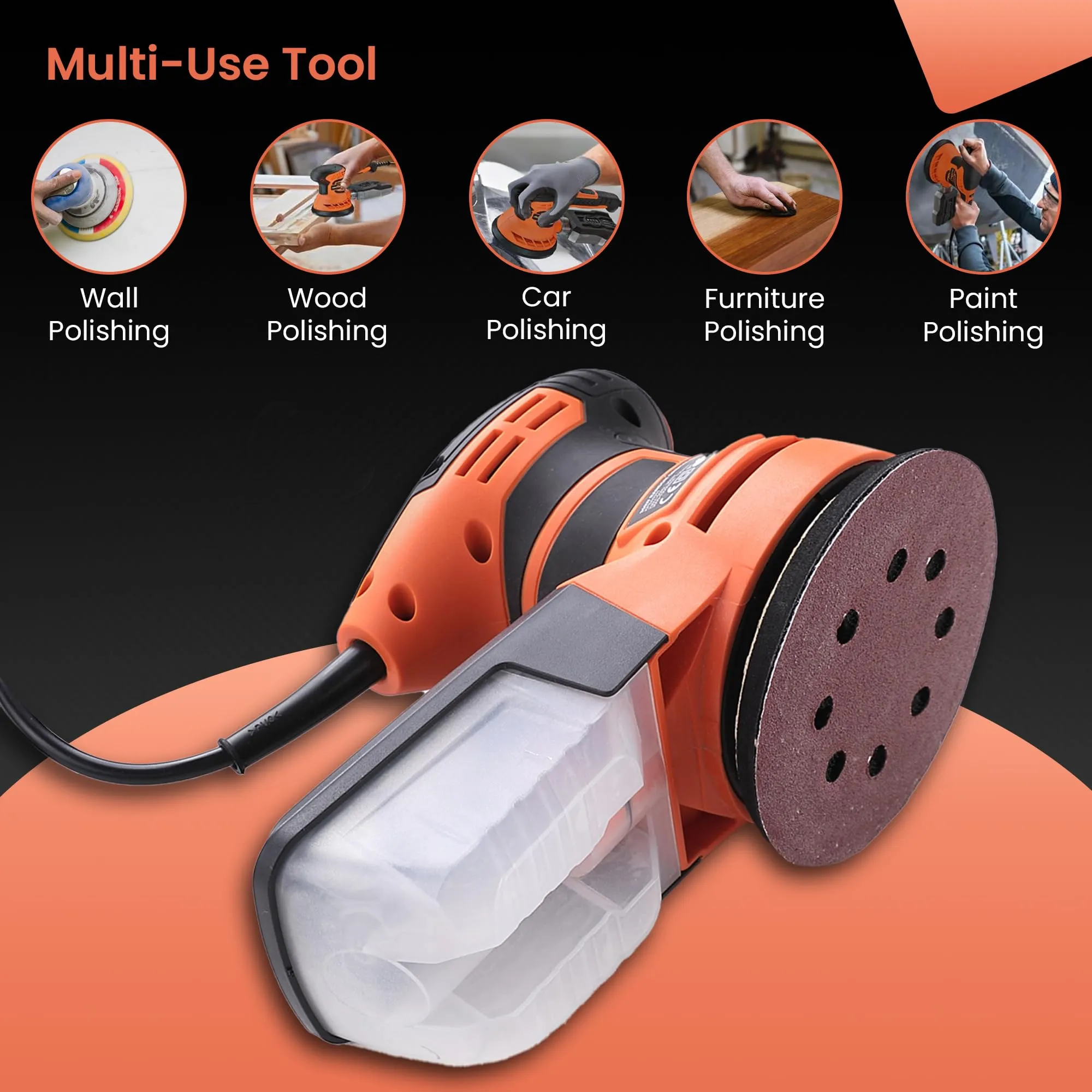 Cheston 350W Random Orbit Sander with 6 Variable Speed | 13000RPM | 125mm | High-Performance Dust Collection System suitable for Sanding of Wood, Wall & Metal Surface