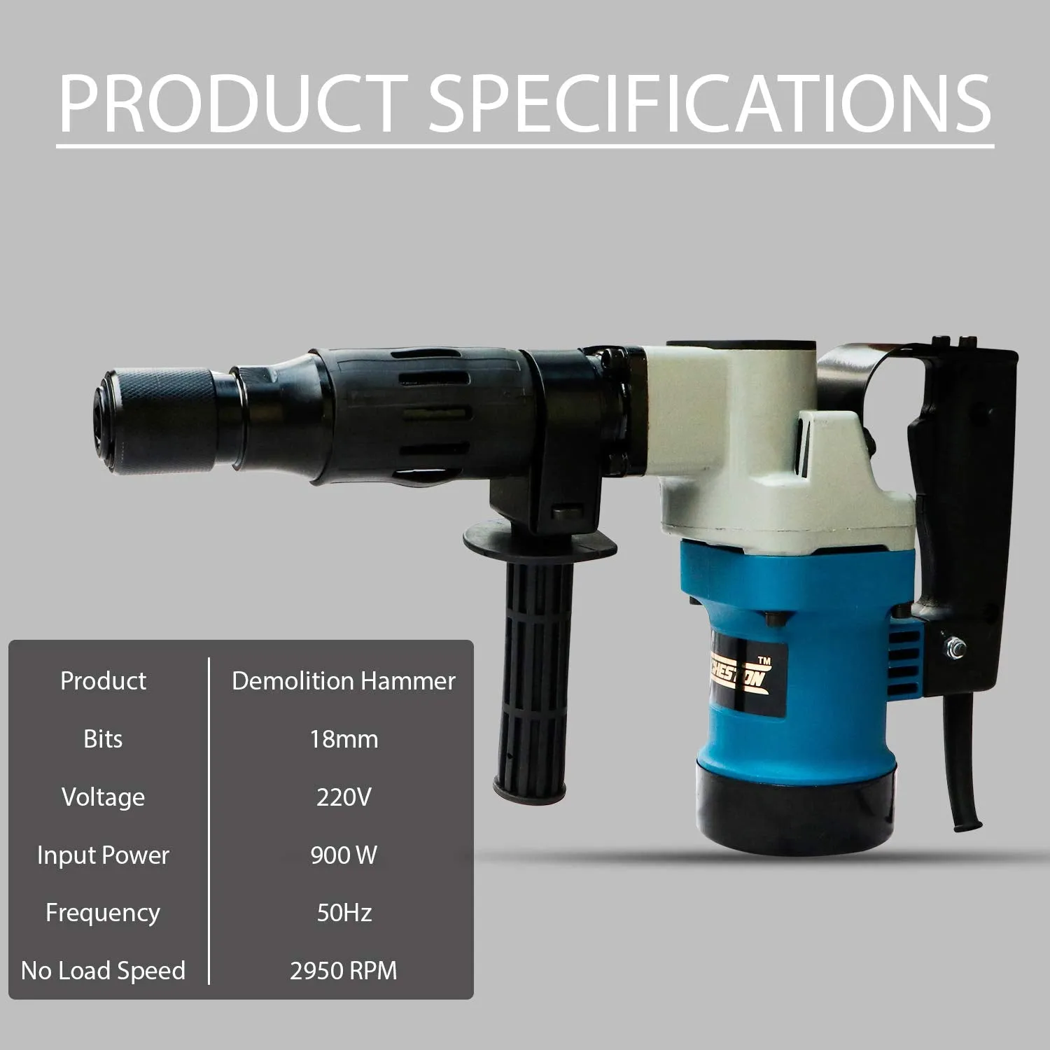 Cheston Ultra 5 Kg Demolition Hammer | 1000W Copper Armature Impact Frequency 3800/min Max Chuck Capacity 20mm | Accessories Included 2 Chisels & Spanner Tool with Carrying Case Box