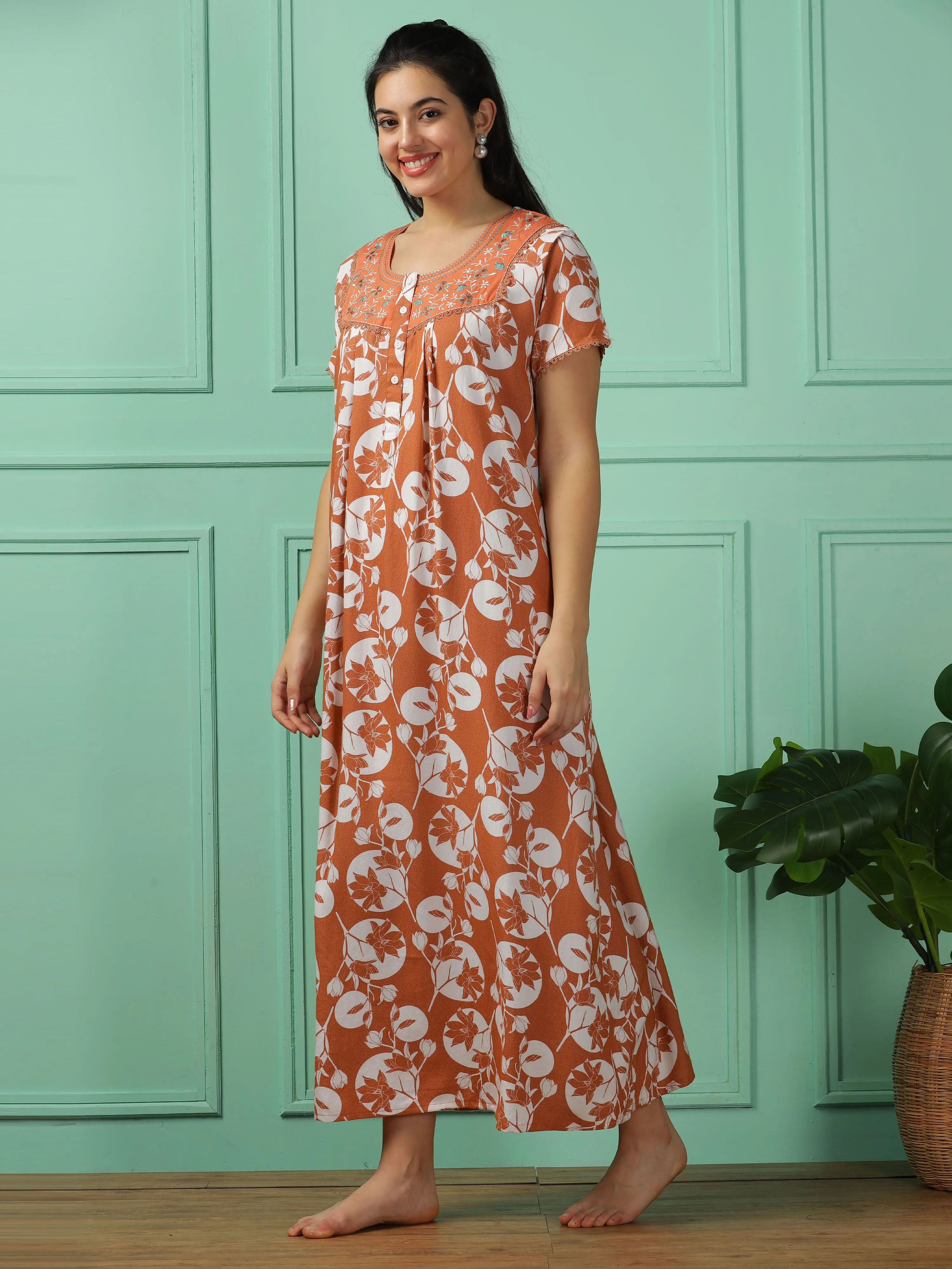 Chic Rose Sandal Maxi Nighty - Soft, Wrinkle-Free Comfort Nightwear