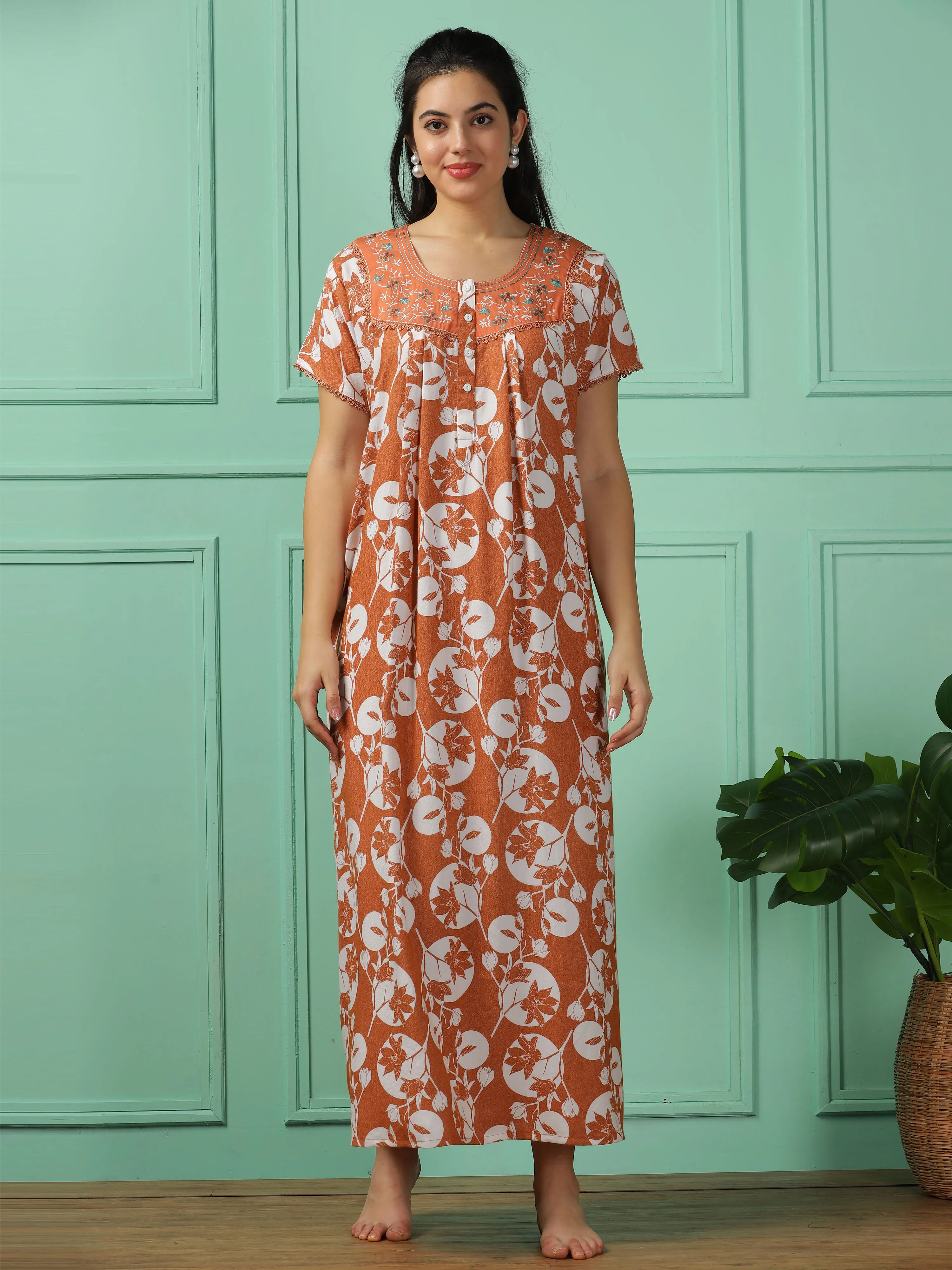 Chic Rose Sandal Maxi Nighty - Soft, Wrinkle-Free Comfort Nightwear