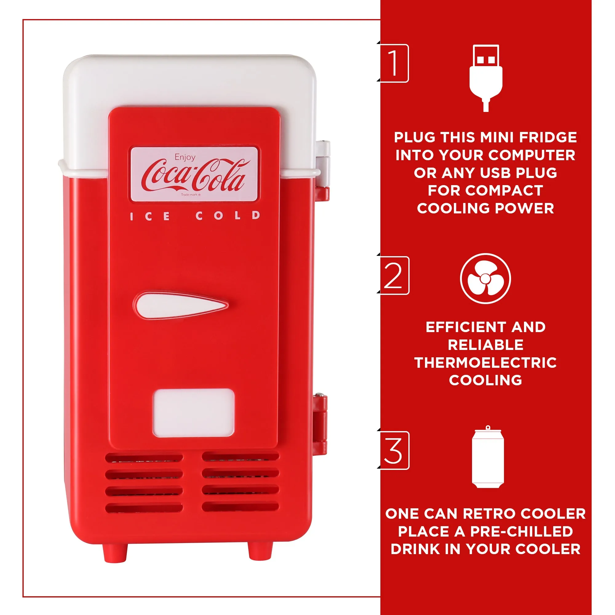 Coca-Cola Single Can Cooler, Red, USB Powered Retro One Can Mini Fridge, Thermoelectric Cooler for Desk, Home, Office, Dorm, Unique Gift for Students or Office Workers