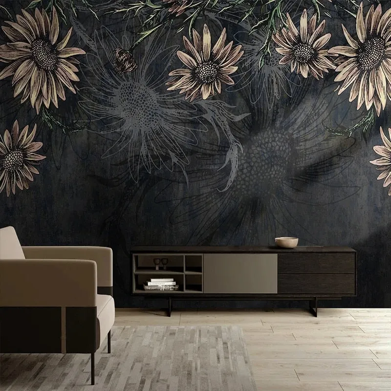 Custom Mural Wallpaper Modern Minimalist Dark Flowers (㎡)