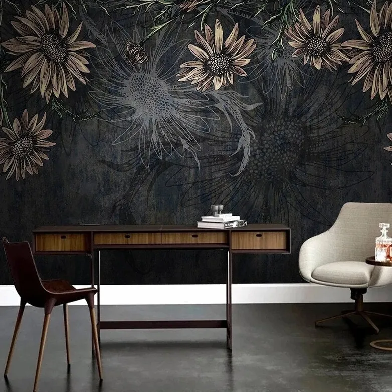 Custom Mural Wallpaper Modern Minimalist Dark Flowers (㎡)