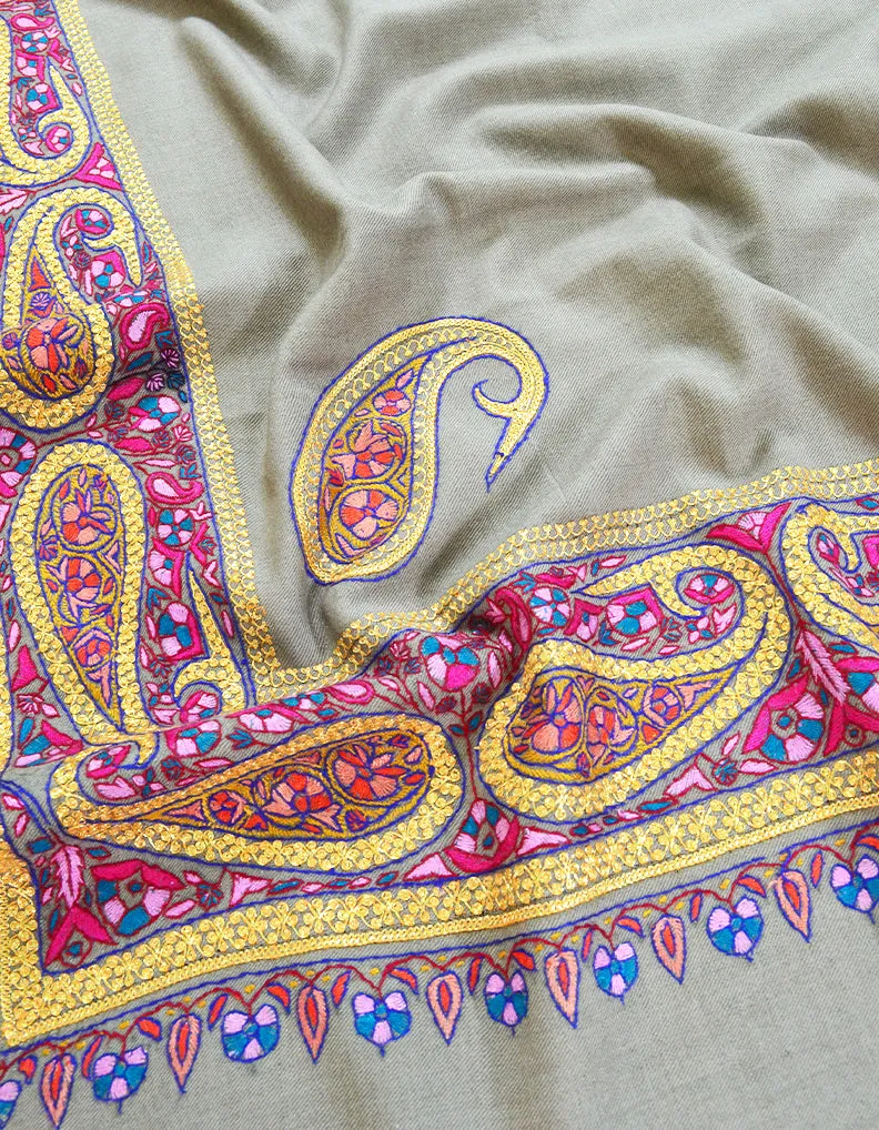 Dark Grey and Golden Embroidery Pashmina Shawl 7377