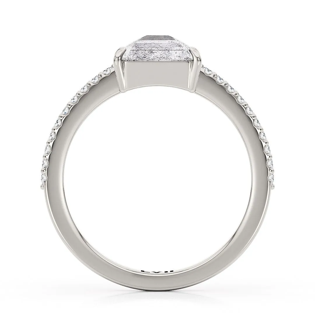East West Emerald Cut Handcrafted Salt and Pepper Diamond Solitaire - The Dorothy Ring