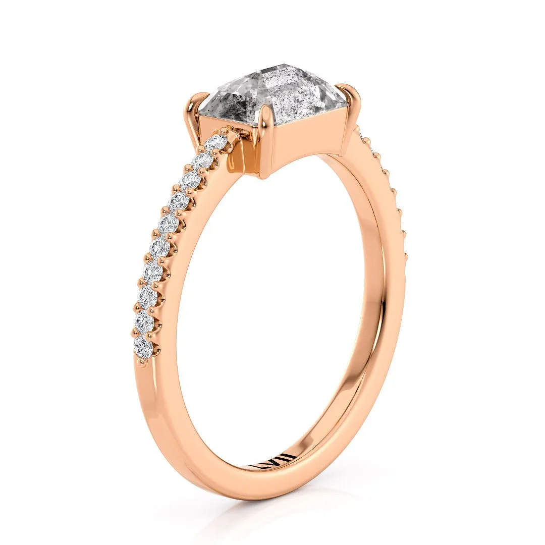 East West Emerald Cut Handcrafted Salt and Pepper Diamond Solitaire - The Dorothy Ring