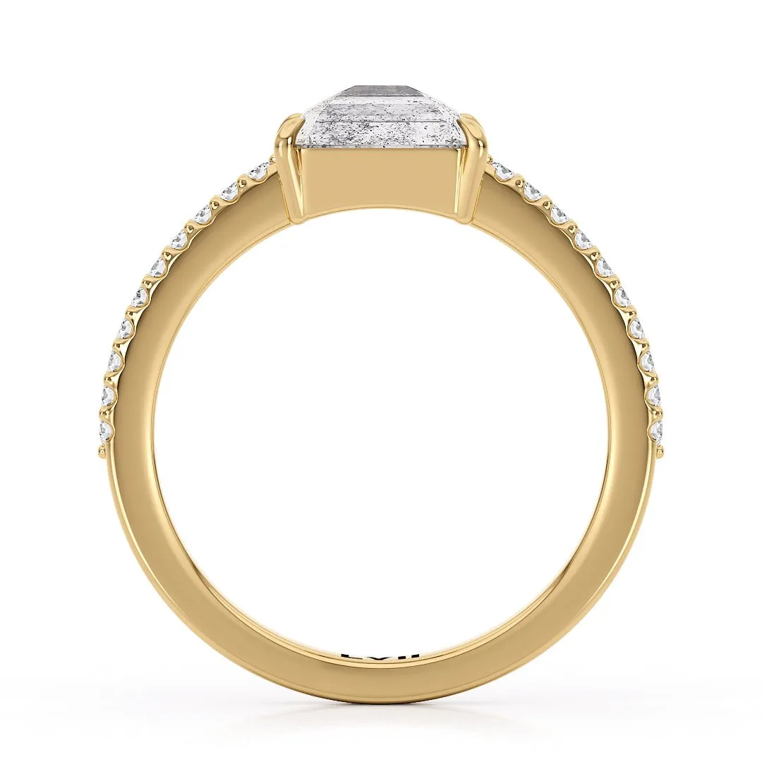 East West Emerald Cut Handcrafted Salt and Pepper Diamond Solitaire - The Dorothy Ring