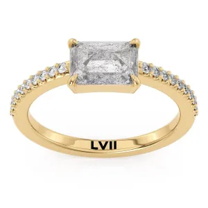 East West Emerald Cut Handcrafted Salt and Pepper Diamond Solitaire - The Dorothy Ring