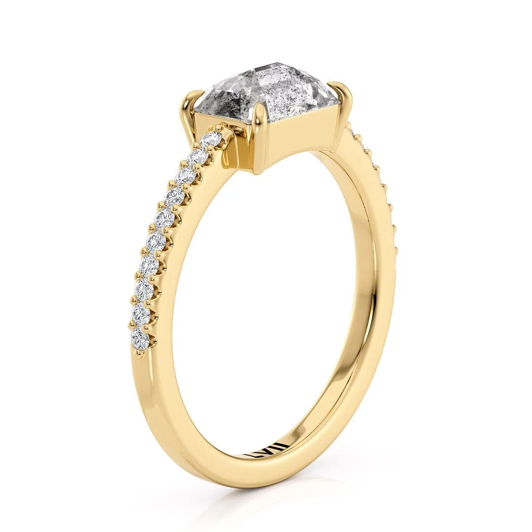 East West Emerald Cut Handcrafted Salt and Pepper Diamond Solitaire - The Dorothy Ring