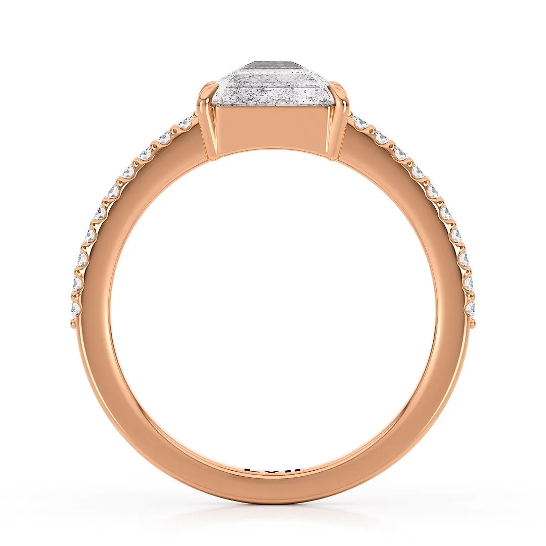 East West Emerald Cut Handcrafted Salt and Pepper Diamond Solitaire - The Dorothy Ring