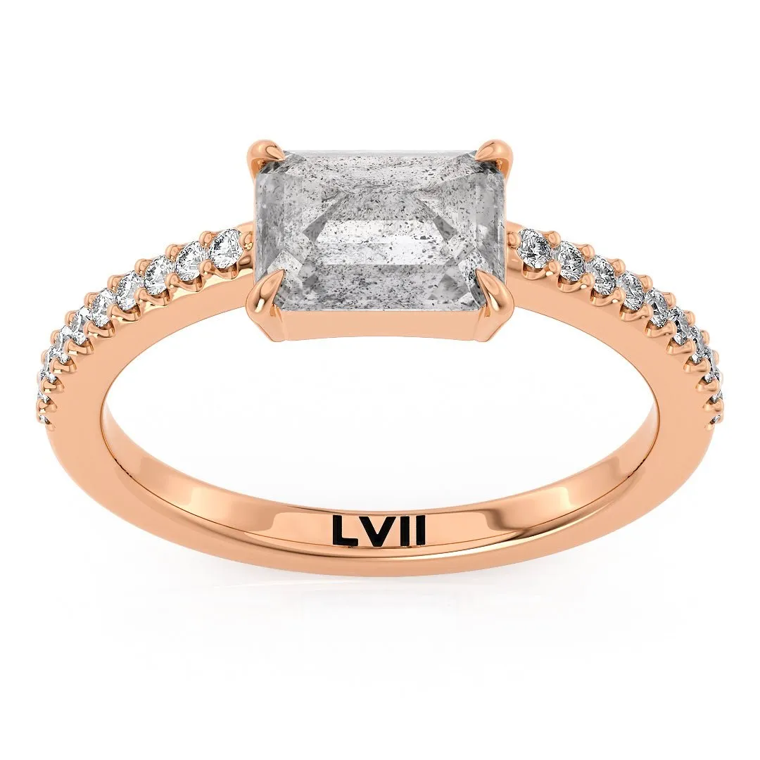 East West Emerald Cut Handcrafted Salt and Pepper Diamond Solitaire - The Dorothy Ring