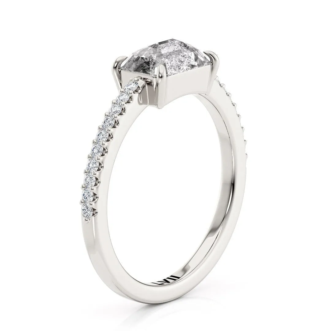 East West Emerald Cut Handcrafted Salt and Pepper Diamond Solitaire - The Dorothy Ring