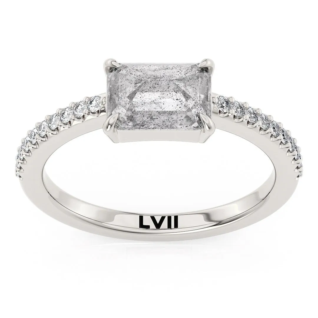 East West Emerald Cut Handcrafted Salt and Pepper Diamond Solitaire - The Dorothy Ring