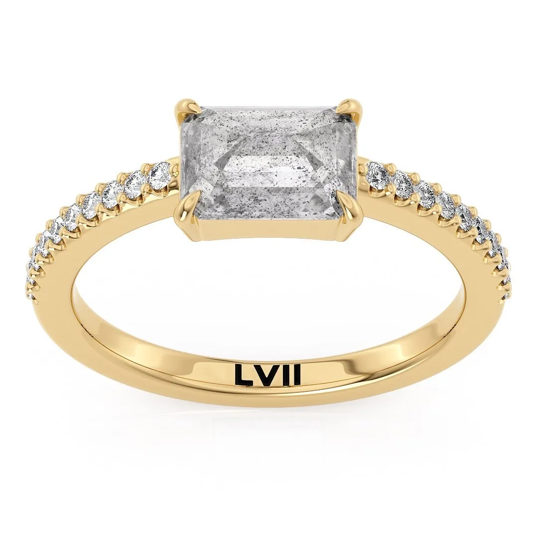 East West Emerald Cut Handcrafted Salt and Pepper Diamond Solitaire - The Dorothy Ring