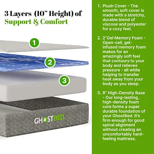 GhostBed 10 Inch RV Mattress Short Queen, Camper Mattress, Cool Gel Memory Foam Mattress, Low Profile Short Queen Mattress, Medium-Firm Feel, Made in The USA, RV Queen Short Mattress