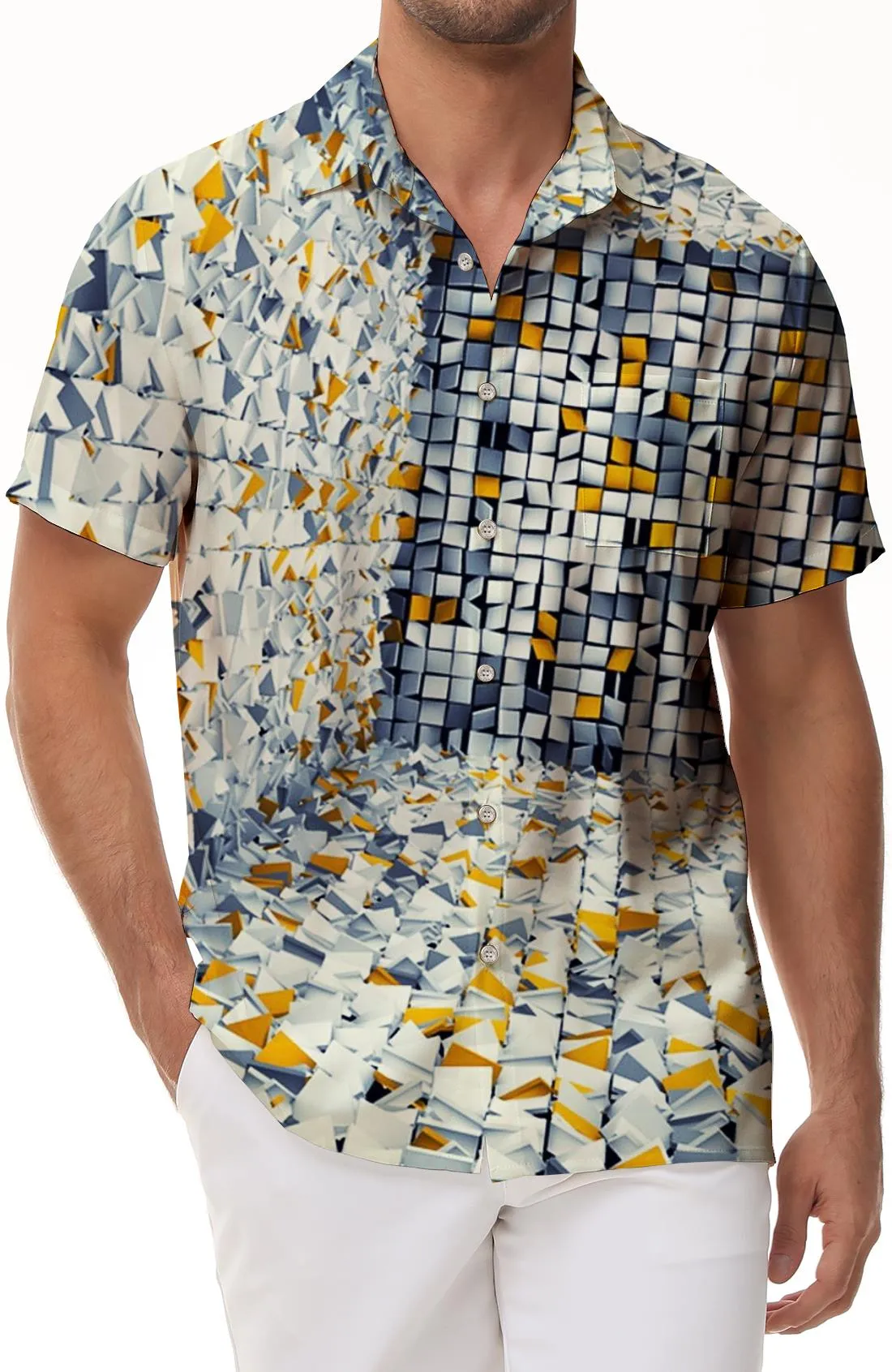 Glass shape colorful everyday shirt hawaiian button men casual 3d print pattern abstract shirt beachwear geometric short sleeve