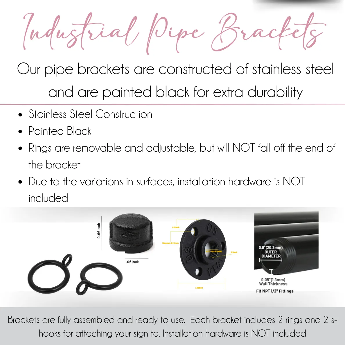 Industrial Pipe Bracket with Adjustable Rings for Custom Signage- 3/4" x 48"- BRACKET ONLY