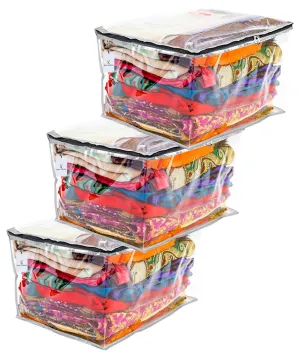 Kuber Industries 3 Pieces Transparent Fabric Saree Cover/Clothes Organiser for Wardrobe Set, Extra Large (Silver)-KUBMART2816