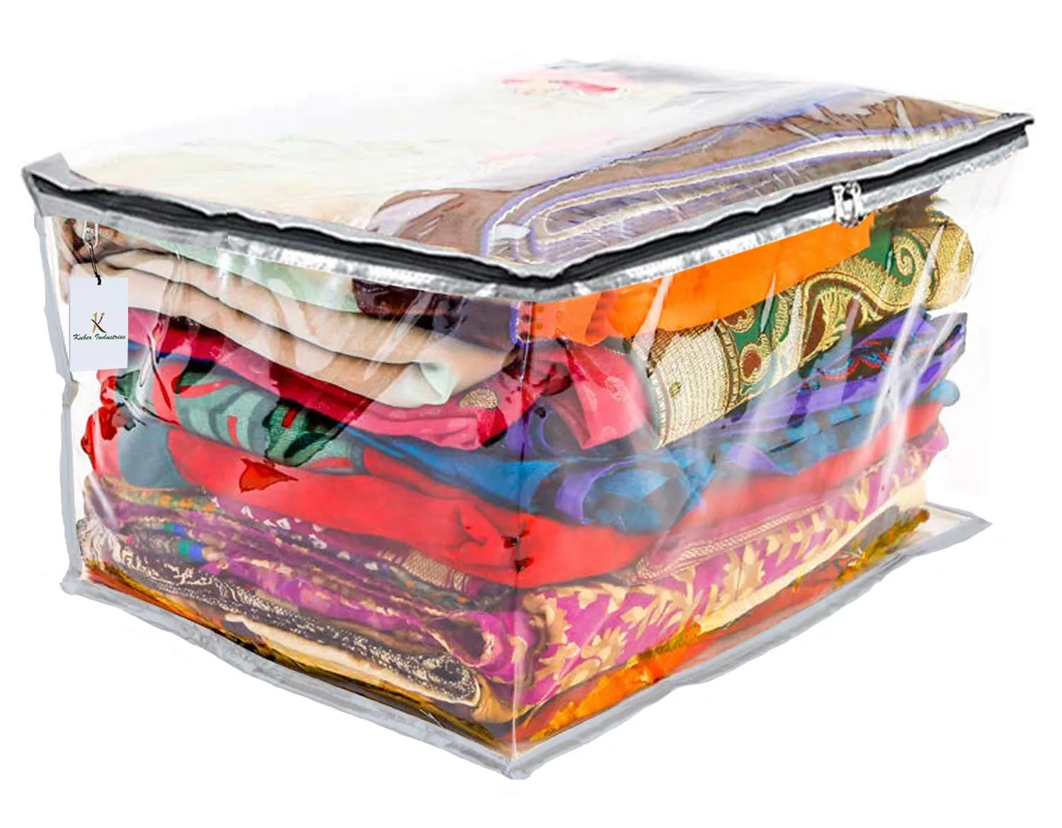 Kuber Industries 3 Pieces Transparent Fabric Saree Cover/Clothes Organiser for Wardrobe Set, Extra Large (Silver)-KUBMART2816