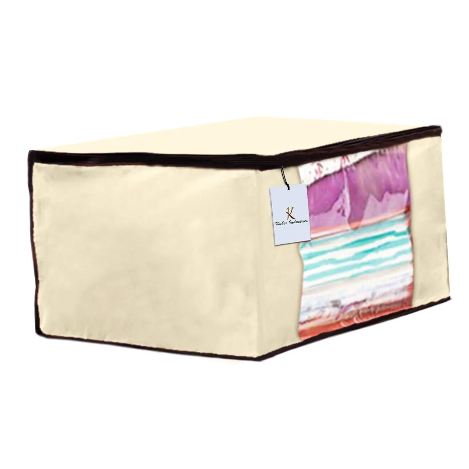 Kuber Industries 4 Piece Non Woven Fabric Saree Cover Set with Transparent Window, Extra Large, Ivory-CTKTC23685