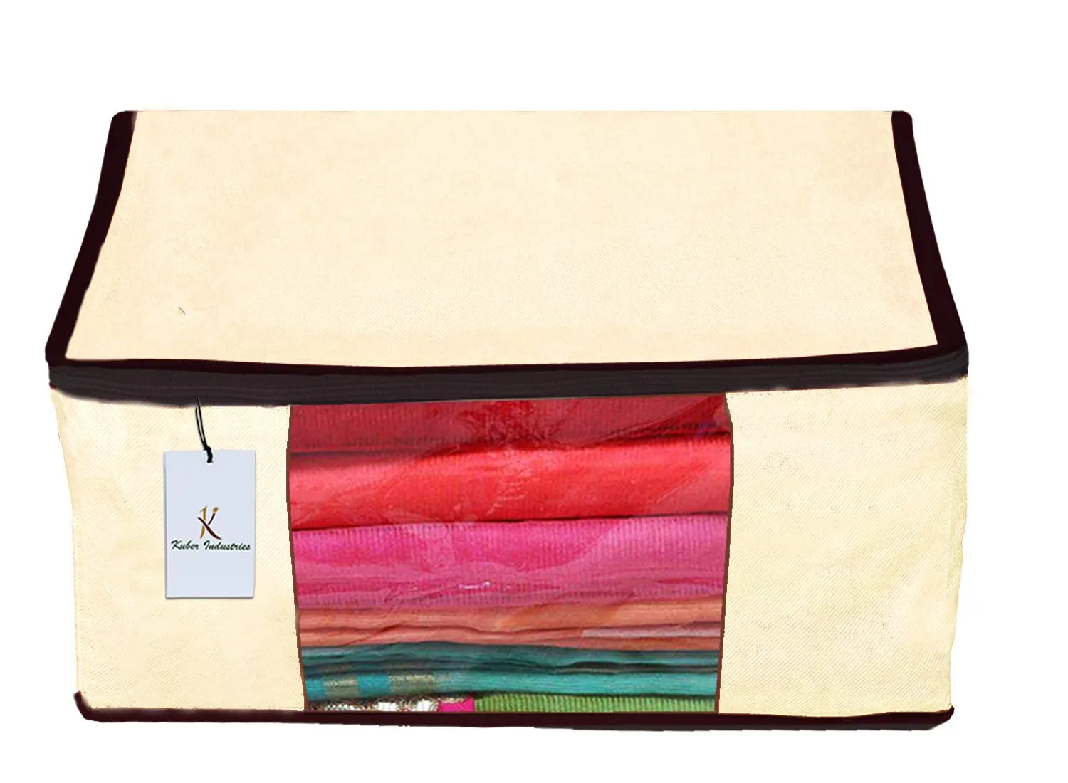 Kuber Industries 4 Piece Non Woven Fabric Saree Cover Set with Transparent Window, Extra Large, Ivory-CTKTC23685