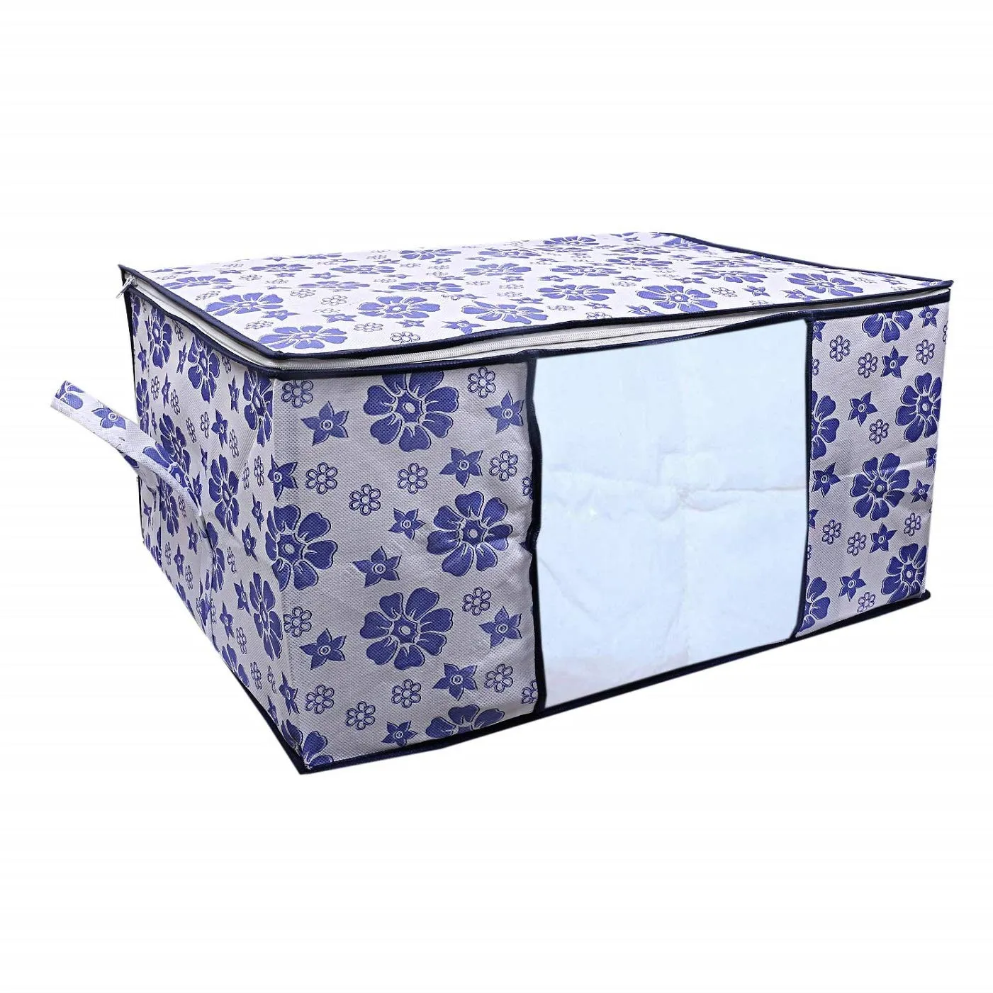 Kuber Industries Flower Design 2 Piece Non Woven Fabric Underbed Storage Bag,Cloth Organiser,Blanket Cover with Transparent Window, Pink & Blue -CTKTC41042