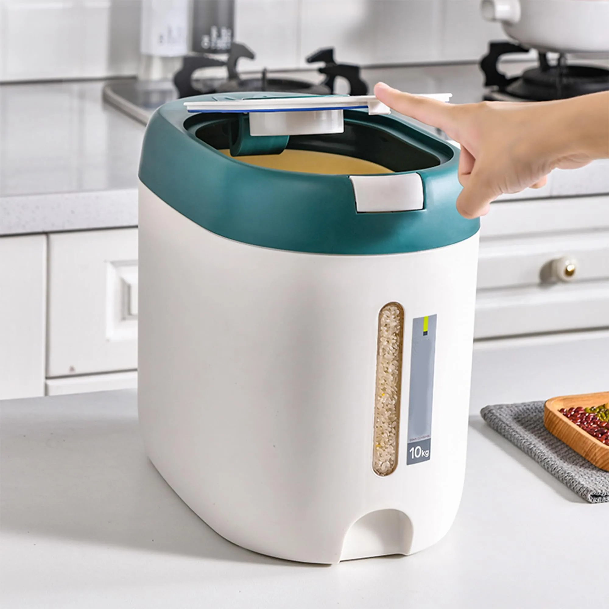 Kuber Industries Kitchen Storage Dispenser | Moisture Proof Dust Proof | Rice Cereal Dal Storage Dispenser Box | Transparent Metering Cylinder| 2020 | White