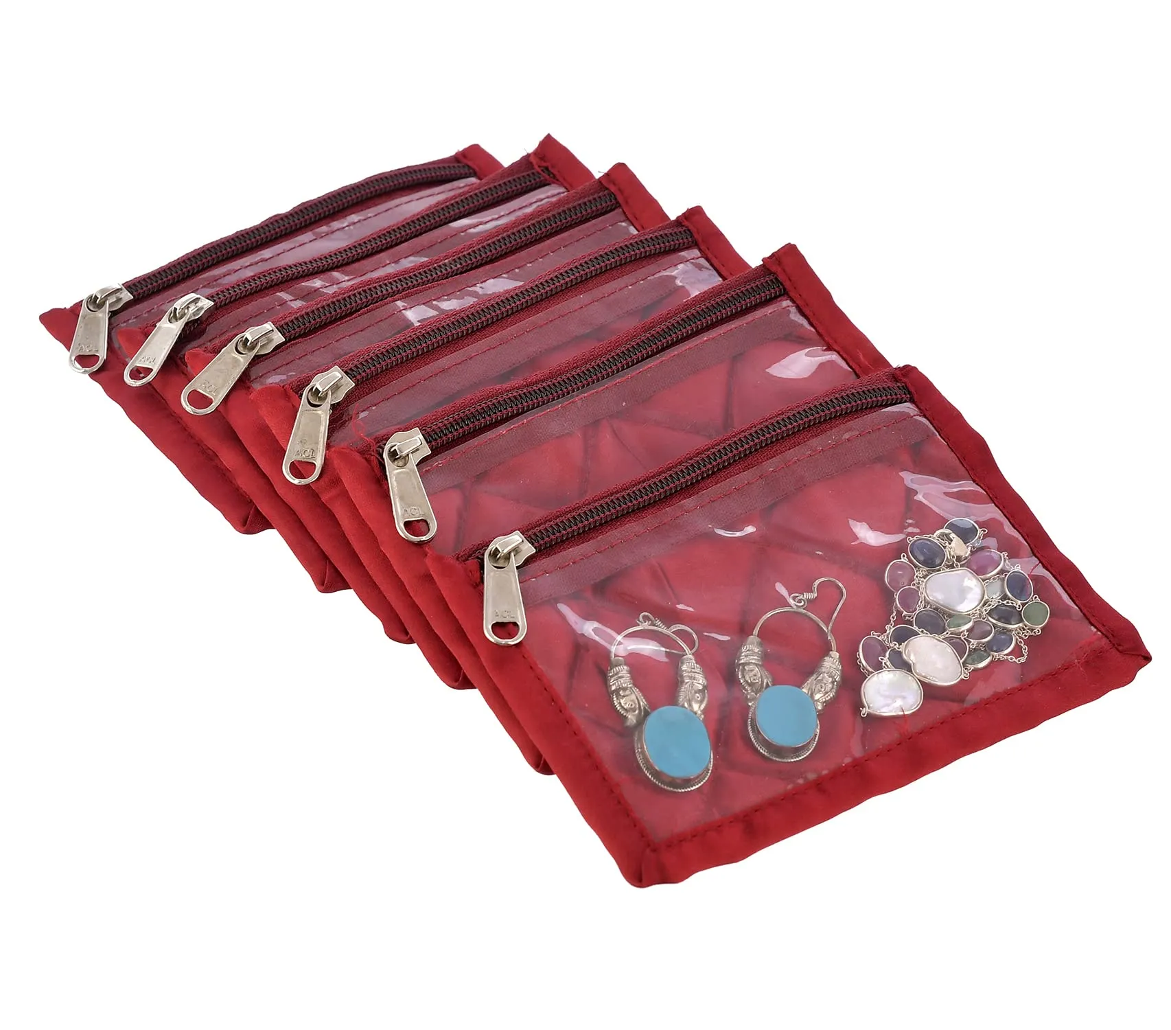 Kuber Industries Laminated PVC Jewelry Organiser Jewelry Storage Bags for Necklace, Earrings, Rings, Bracelet With 10 Transparent Pouches (Maroon)-HS43KUBMART26834