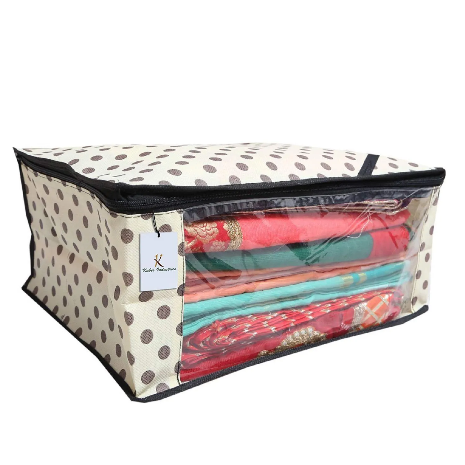 Kuber Industries Polka Dot Design 6 Piece Non Woven Fabric Saree Cover Set with Transparent Window, Extra Large, Ivory-CTKTC31925