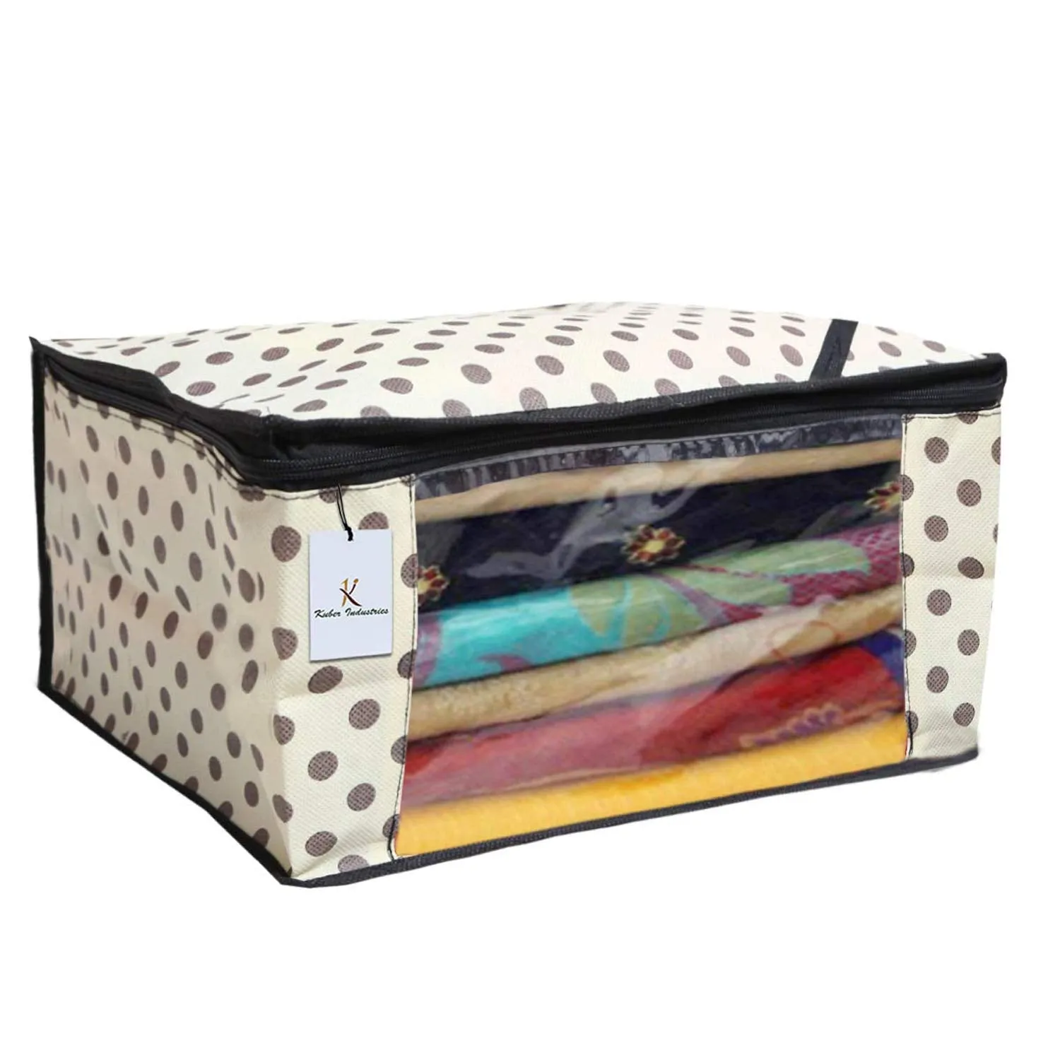 Kuber Industries Polka Dot Design 6 Piece Non Woven Fabric Saree Cover Set with Transparent Window, Extra Large, Ivory-CTKTC31925