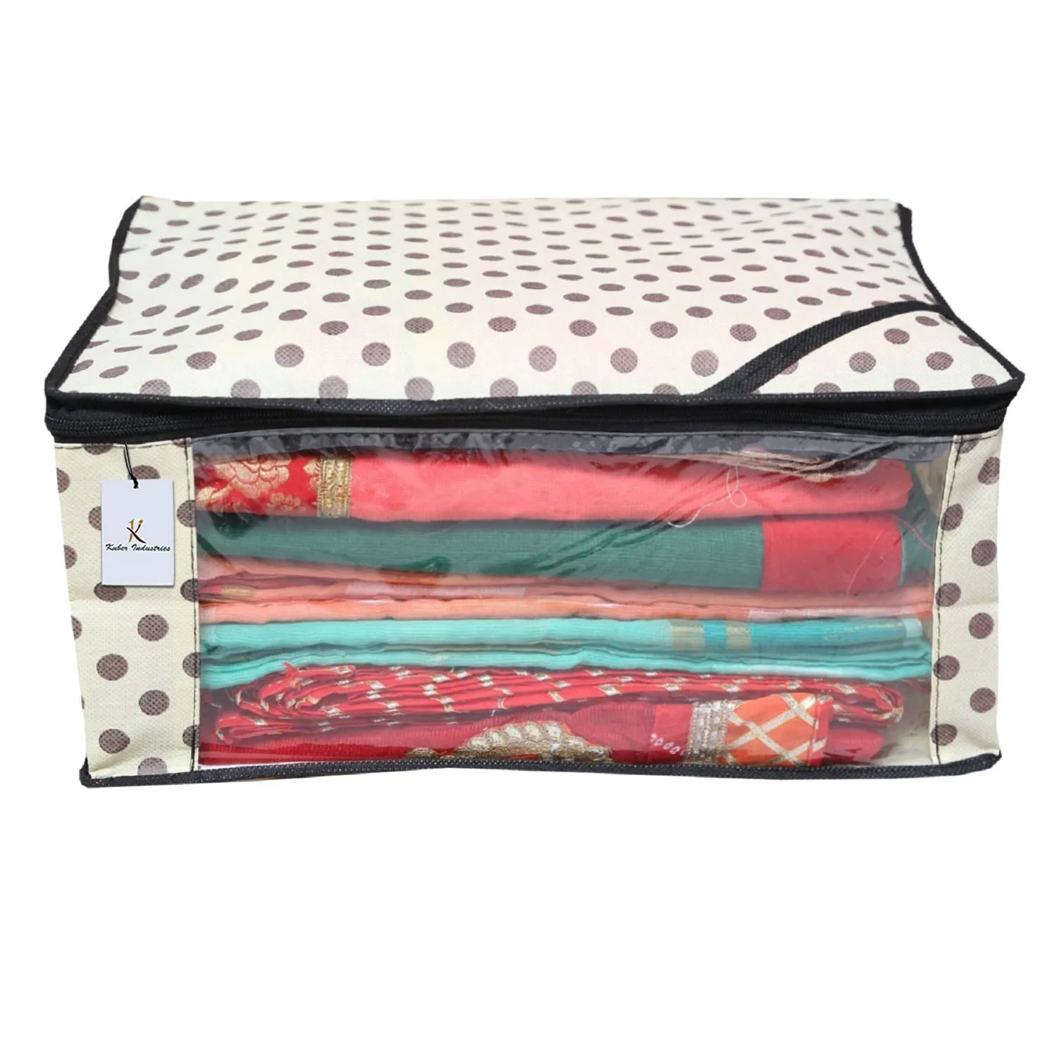 Kuber Industries Polka Dot Design 6 Piece Non Woven Fabric Saree Cover Set with Transparent Window, Extra Large, Ivory-CTKTC31925