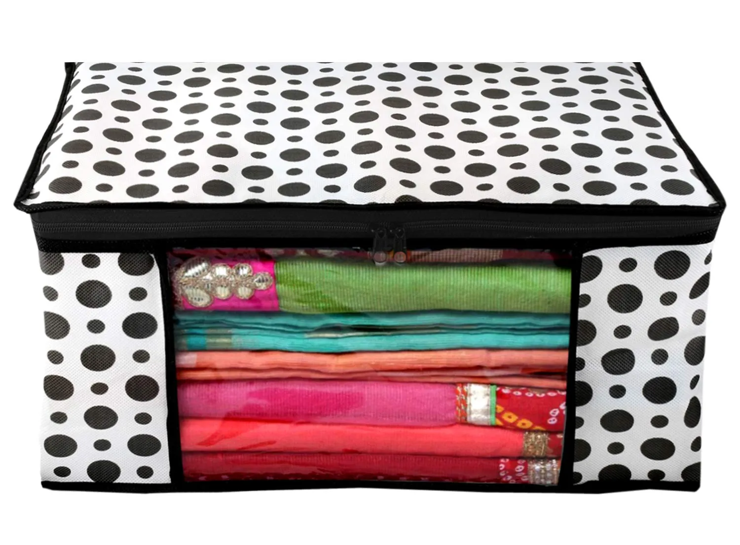 Kuber Industries Polka Dots Design 4 Piece Non Woven Fabric Saree Cover/ Clothes Organizer For Wardrobe Set with Transparent Window, Extra Large, (Black & White) - CTKTC038095