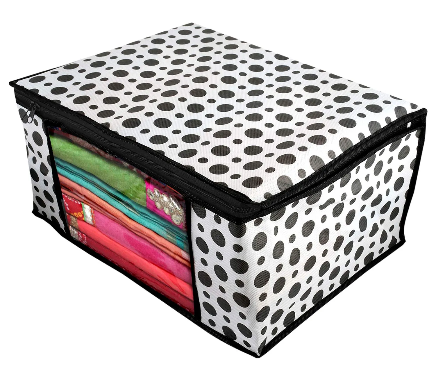 Kuber Industries Polka Dots Design 4 Piece Non Woven Fabric Saree Cover/ Clothes Organizer For Wardrobe Set with Transparent Window, Extra Large, (Black & White) - CTKTC038095