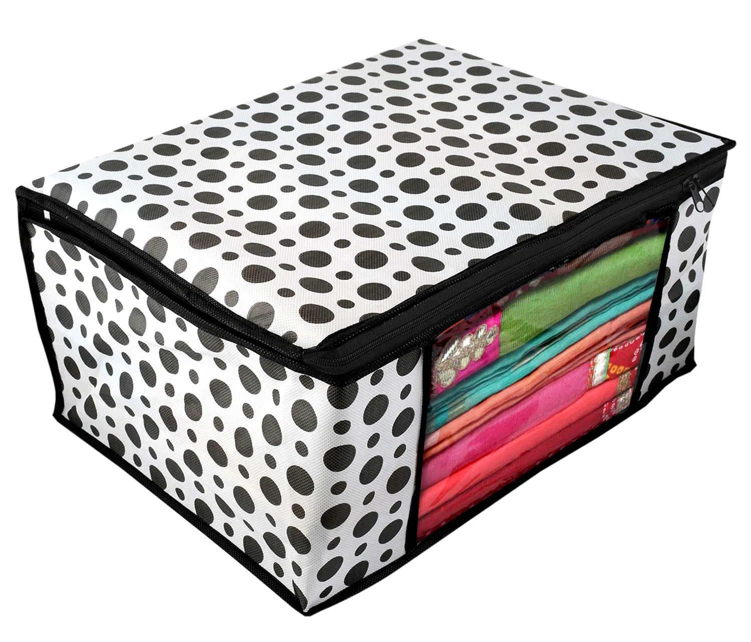 Kuber Industries Polka Dots Design 4 Piece Non Woven Fabric Saree Cover/ Clothes Organizer For Wardrobe Set with Transparent Window, Extra Large, (Black & White) - CTKTC038095