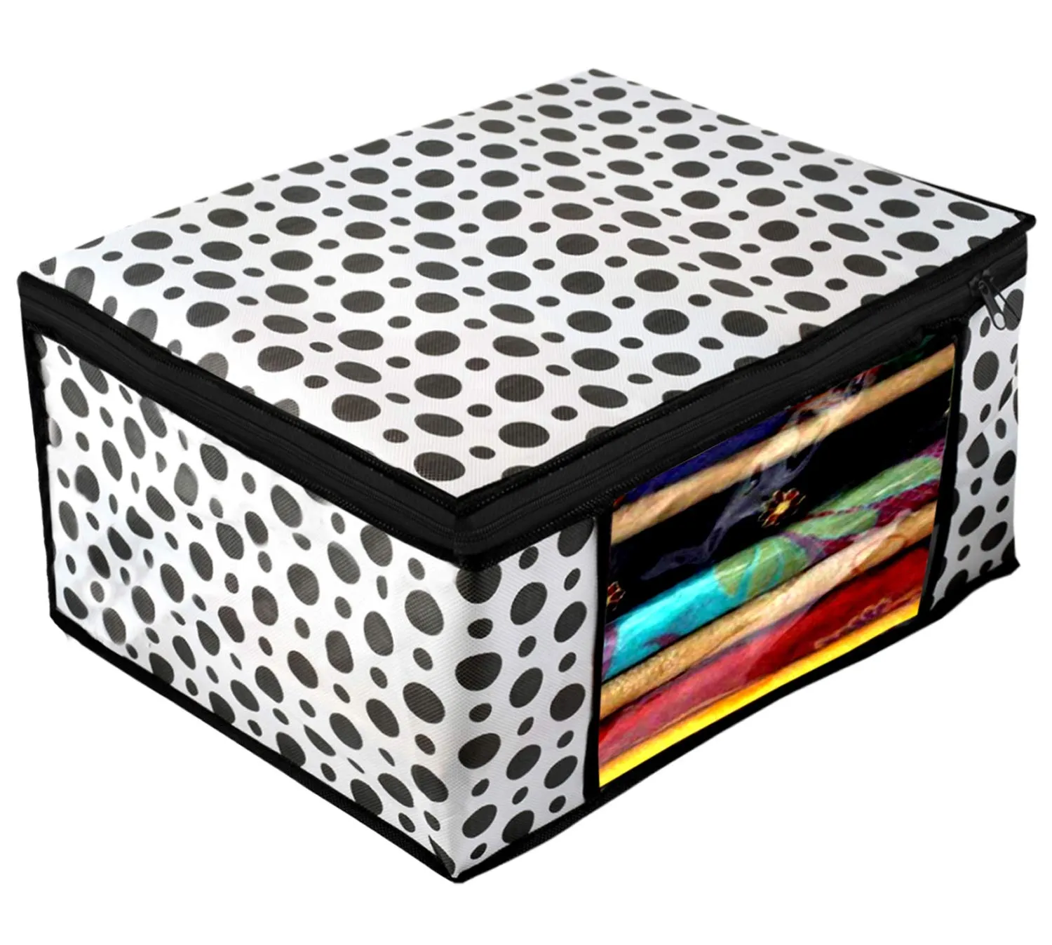 Kuber Industries Polka Dots Design 4 Piece Non Woven Fabric Saree Cover/ Clothes Organizer For Wardrobe Set with Transparent Window, Extra Large, (Black & White) - CTKTC038095
