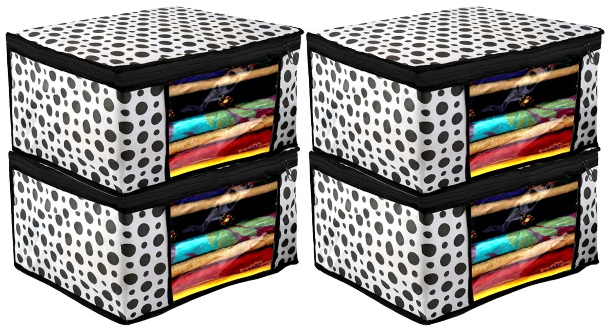 Kuber Industries Polka Dots Design 4 Piece Non Woven Fabric Saree Cover/ Clothes Organizer For Wardrobe Set with Transparent Window, Extra Large, (Black & White) - CTKTC038095
