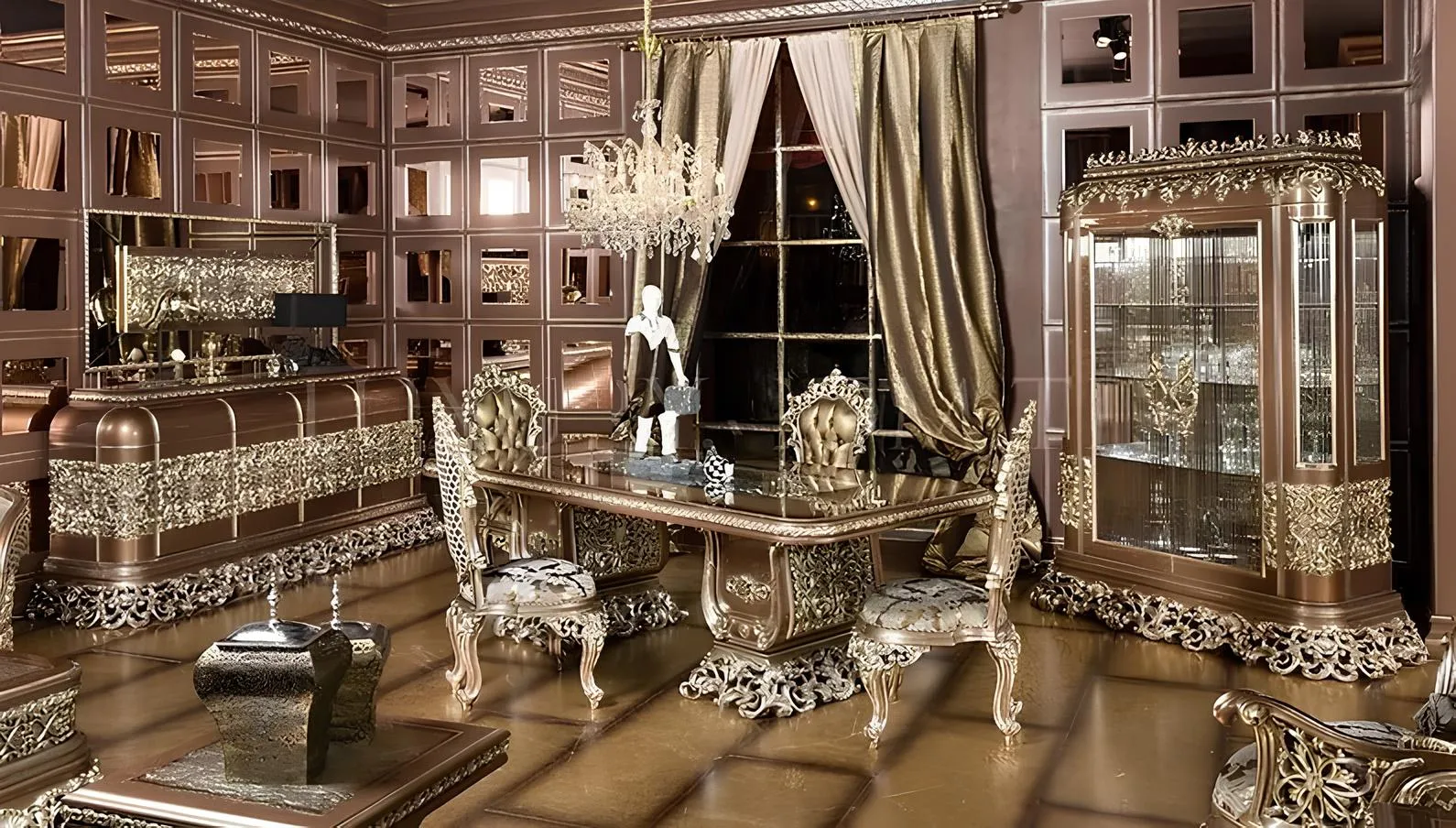 Luxury European Style Solid Teak Wood Carving Dining Table Set