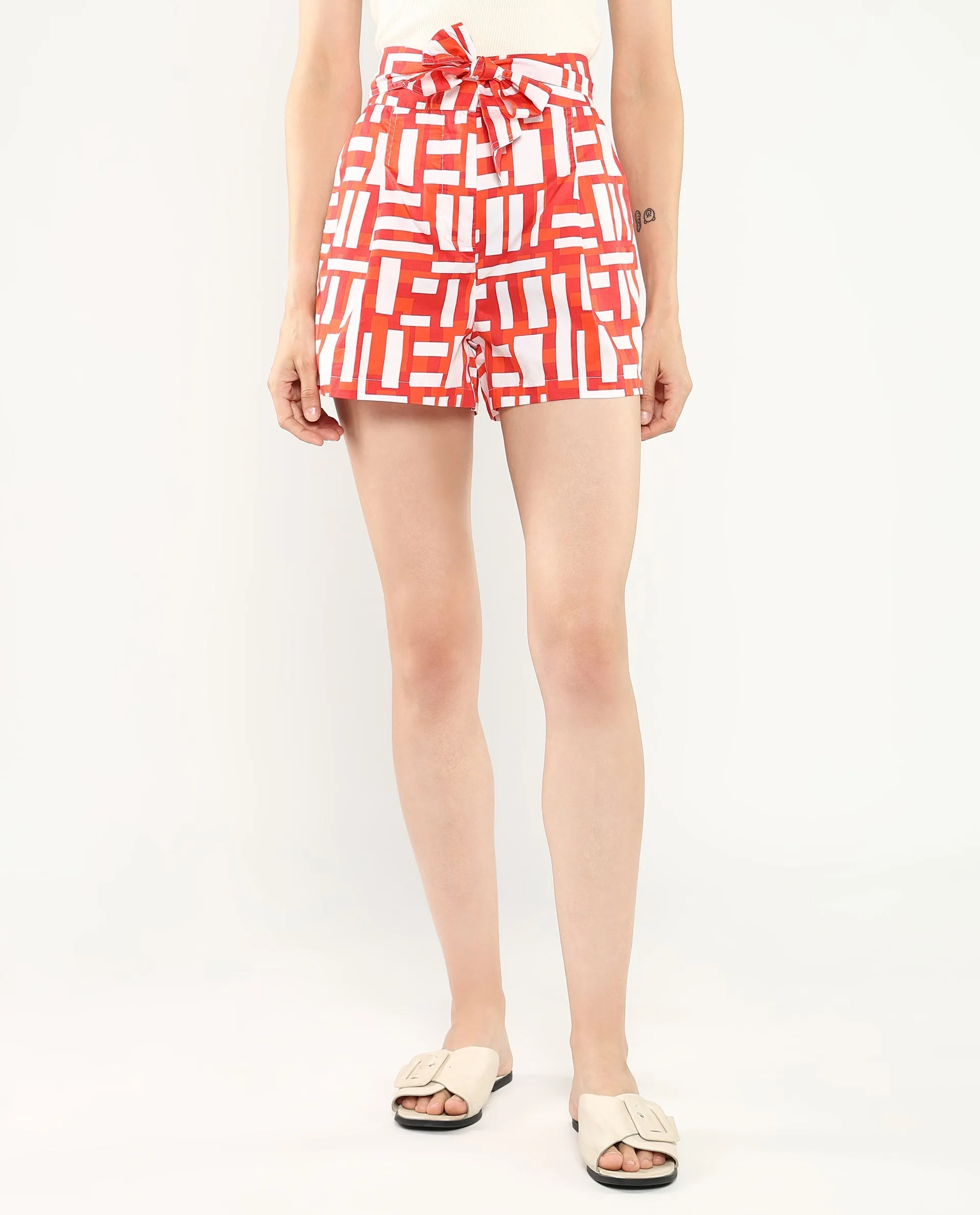 Rareism Women Taranto Red Cotton Fabric Loop Geometric Print Mini Shorts
