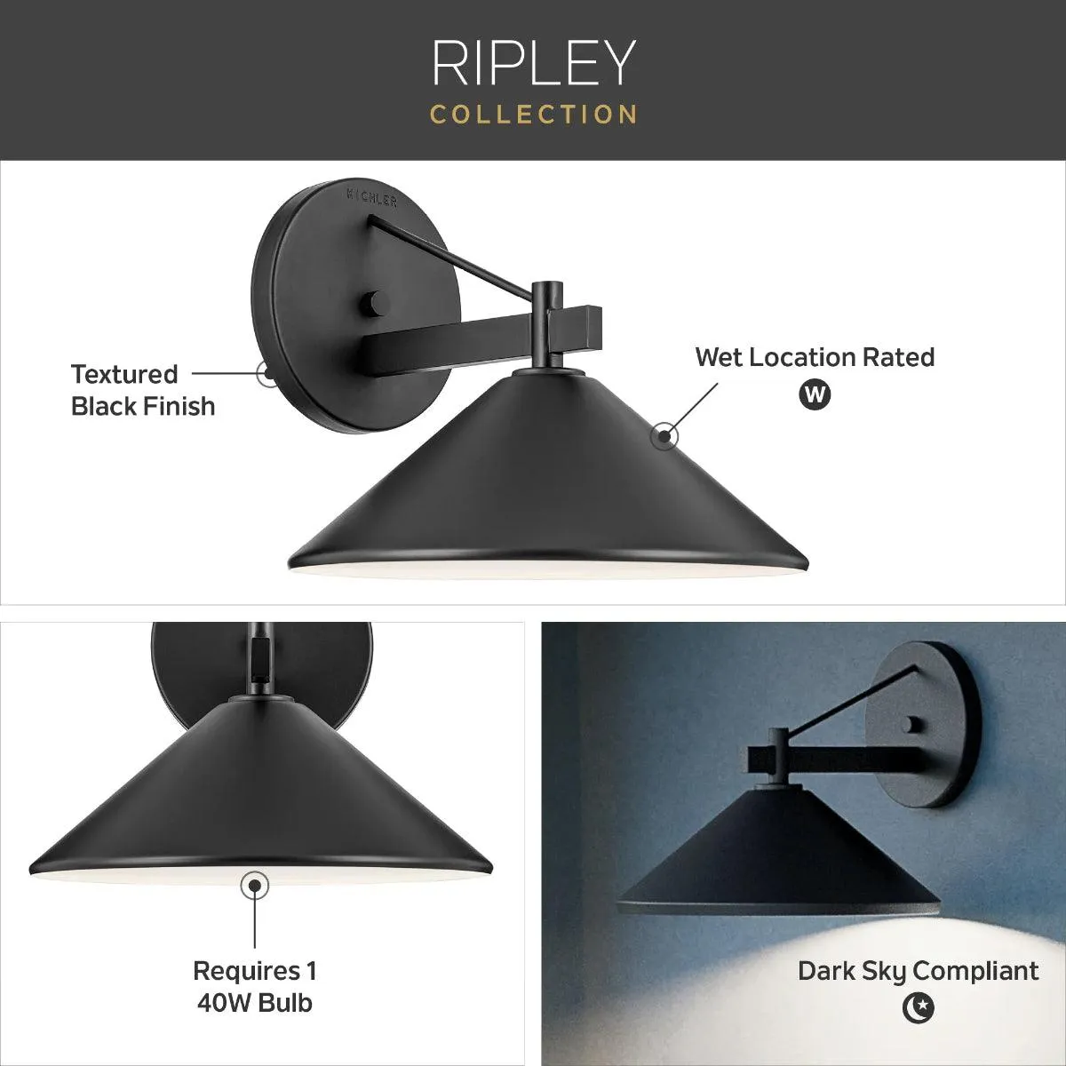 Ripley 12 In 1-Light Outdoor Wall Light Dark Sky Compliant, Black Finish