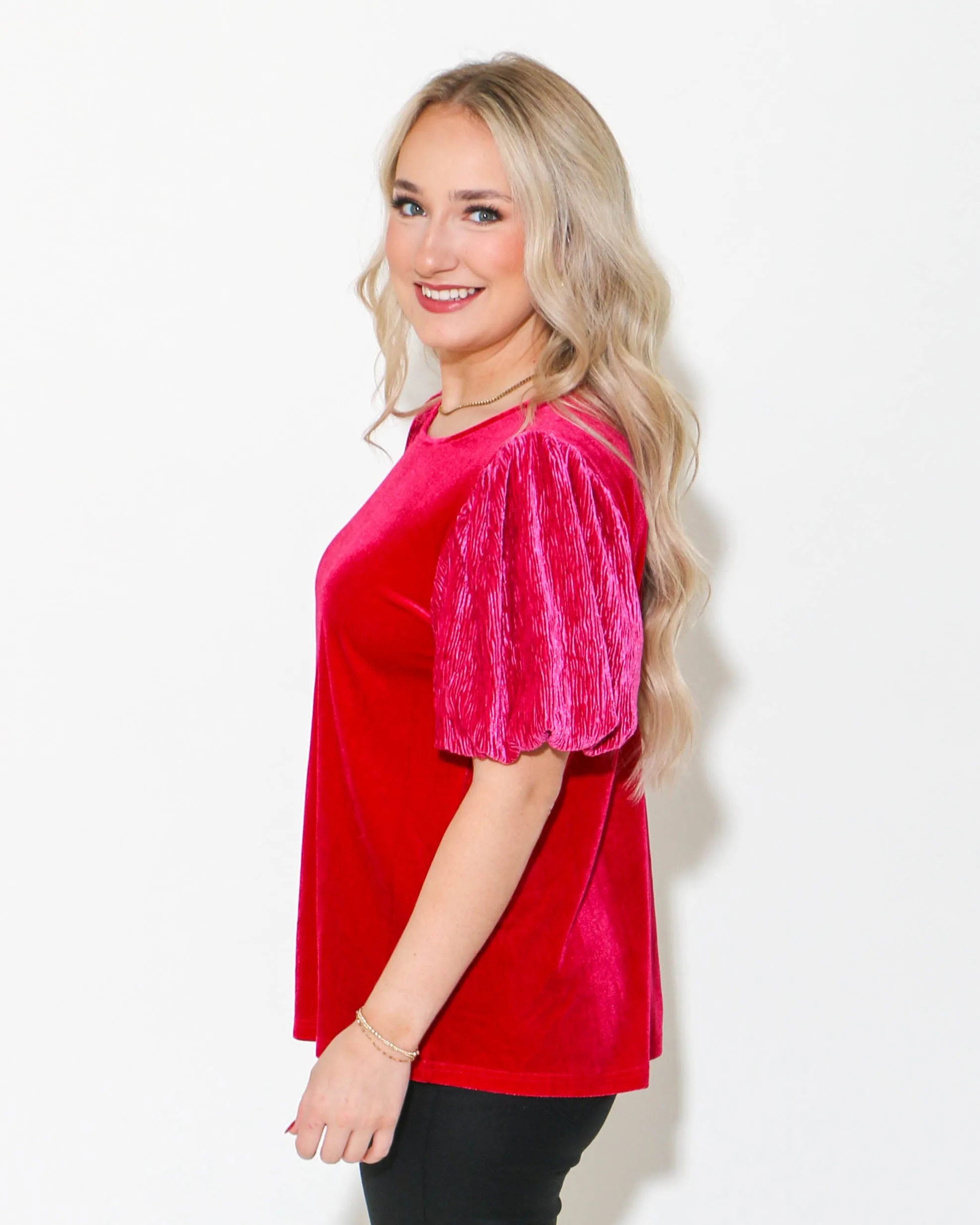 Velvet Wrinkle Puffed Sleeves Top in Ruby