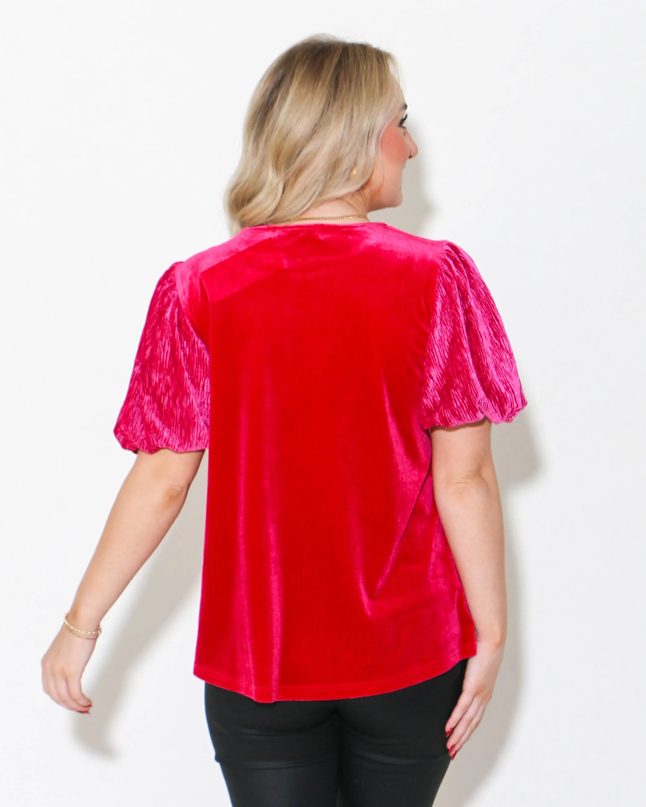Velvet Wrinkle Puffed Sleeves Top in Ruby