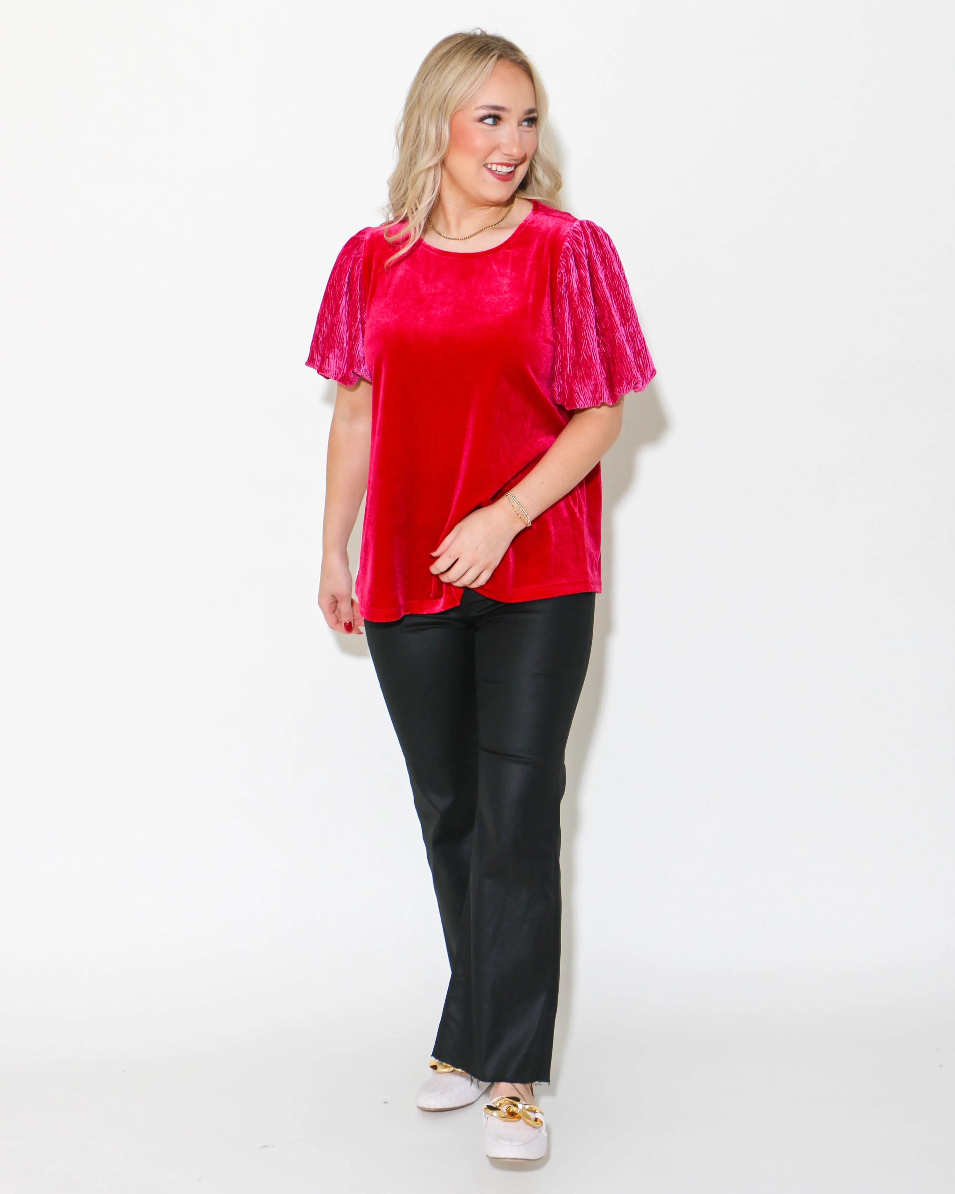 Velvet Wrinkle Puffed Sleeves Top in Ruby