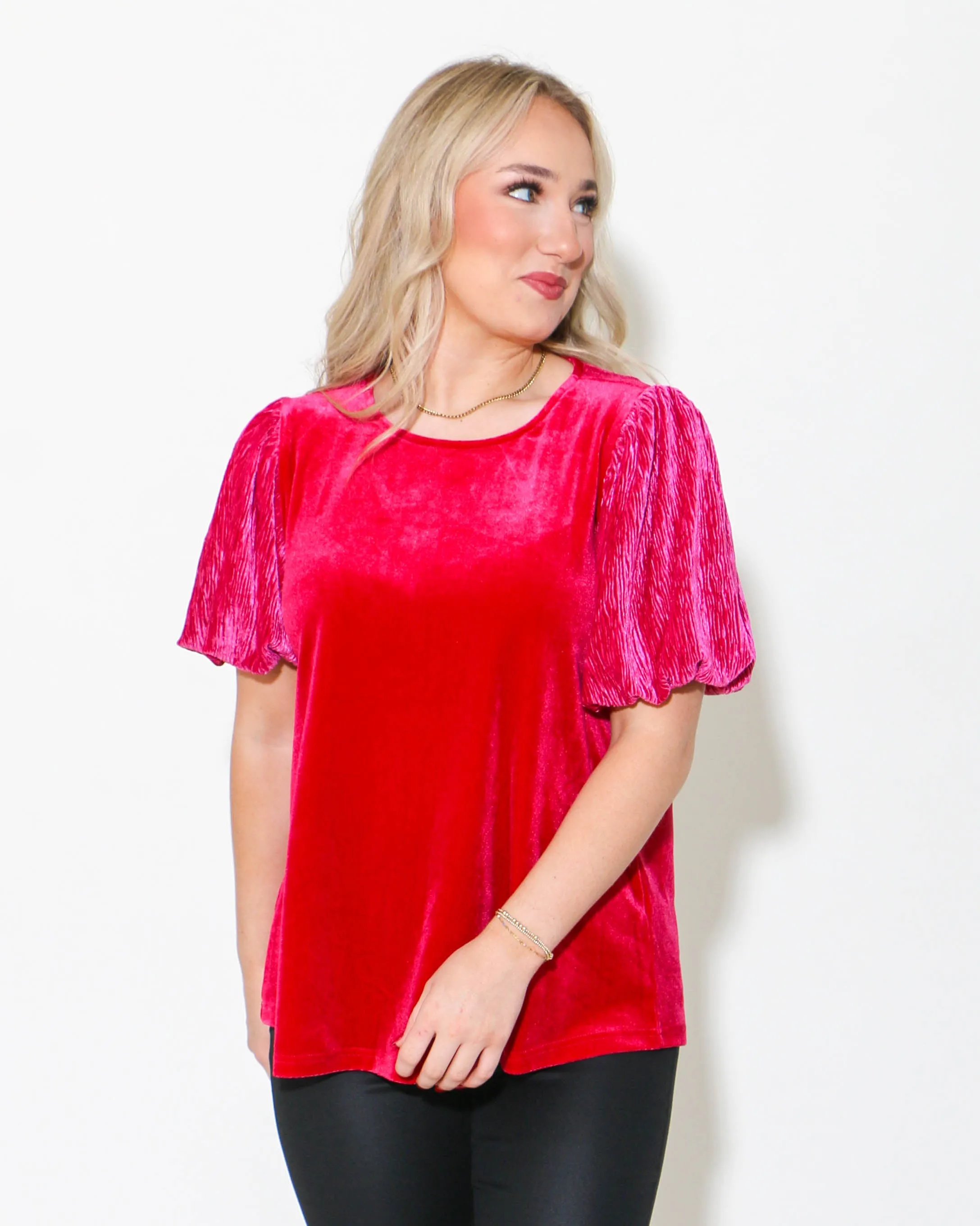 Velvet Wrinkle Puffed Sleeves Top in Ruby