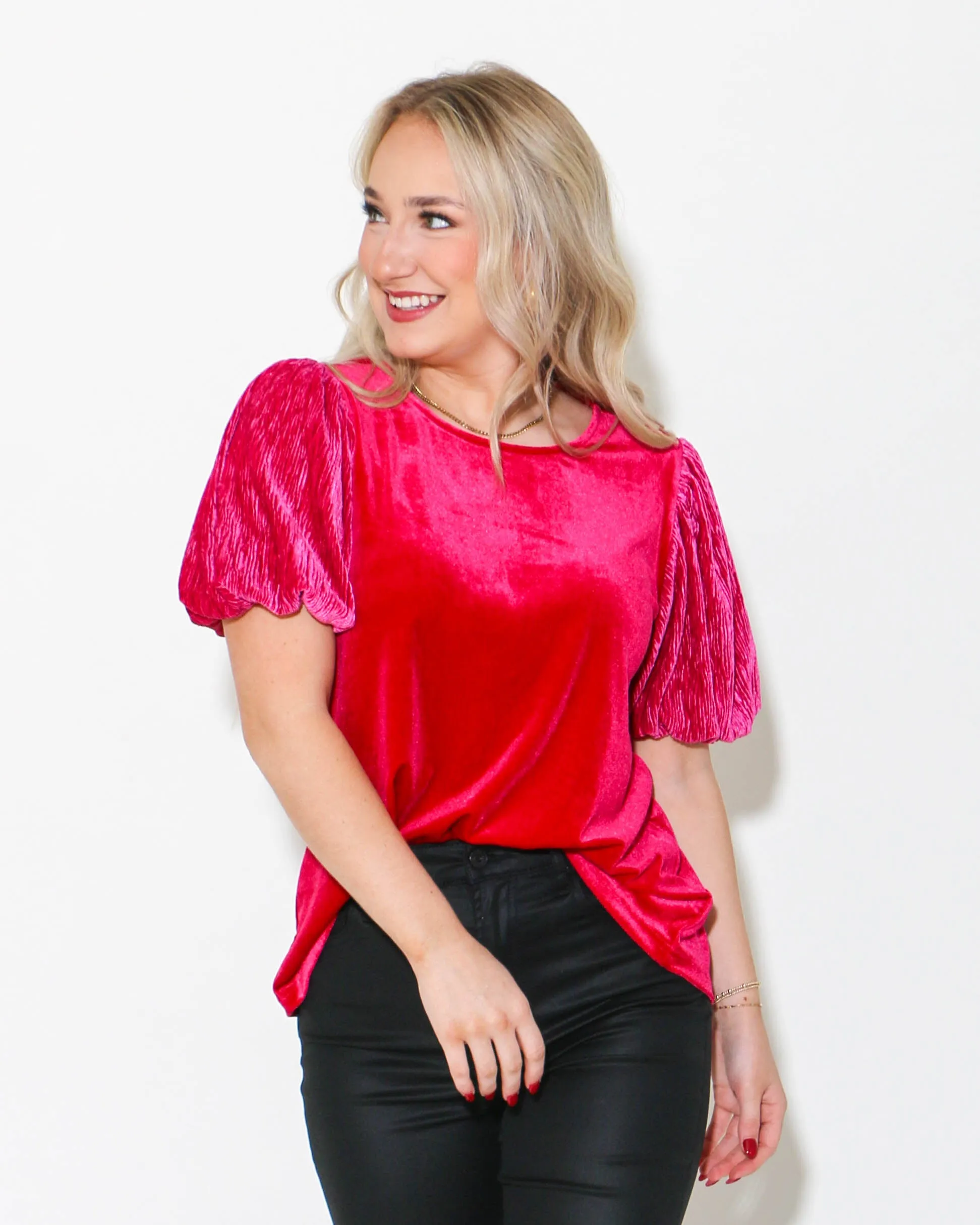 Velvet Wrinkle Puffed Sleeves Top in Ruby