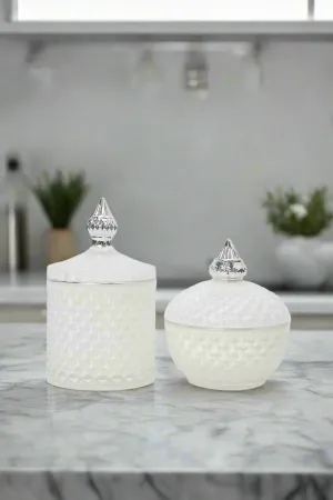 White Embossed Decorative Jar Set (2 Piece)