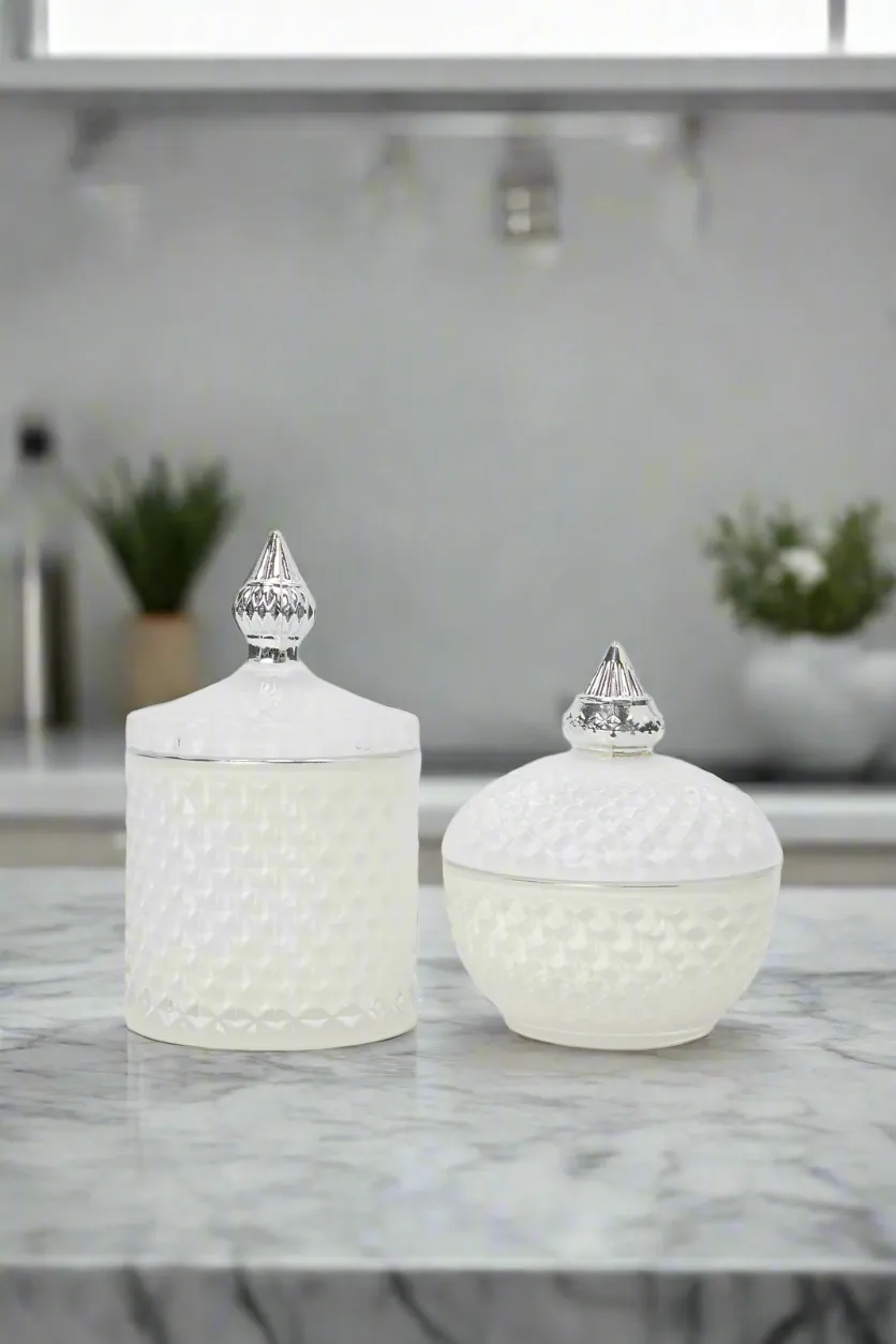 White Embossed Decorative Jar Set (2 Piece)