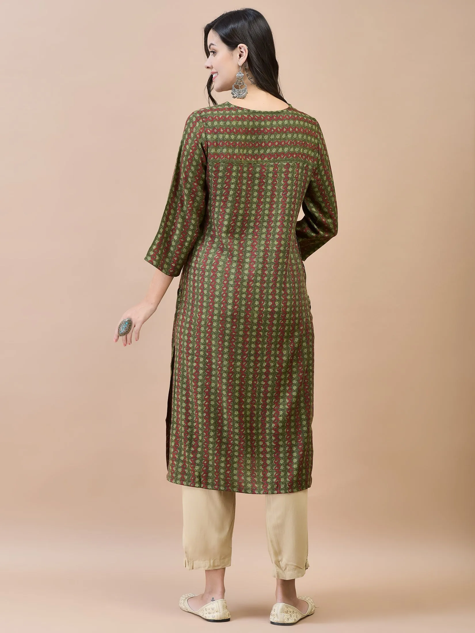 Women Liva Rayon Olive Geometric Print Kurta
