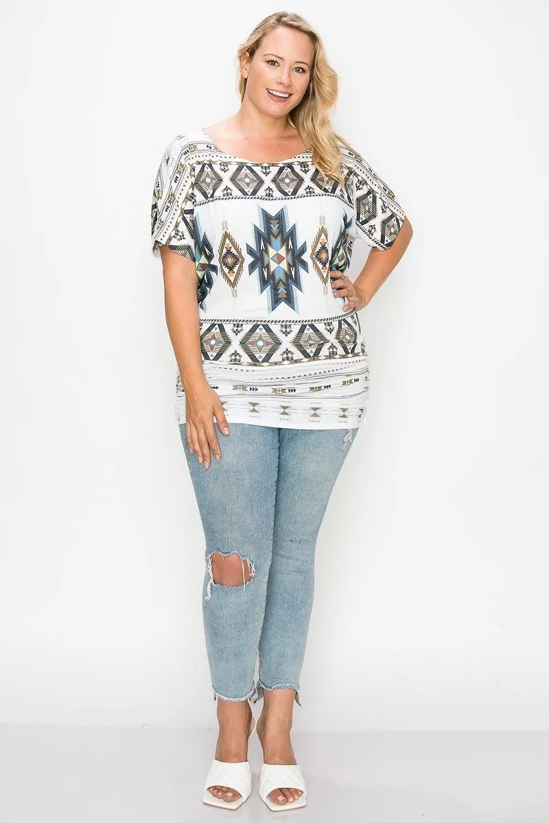 Women's Plus Geometric-tribal Sublimation Print Top